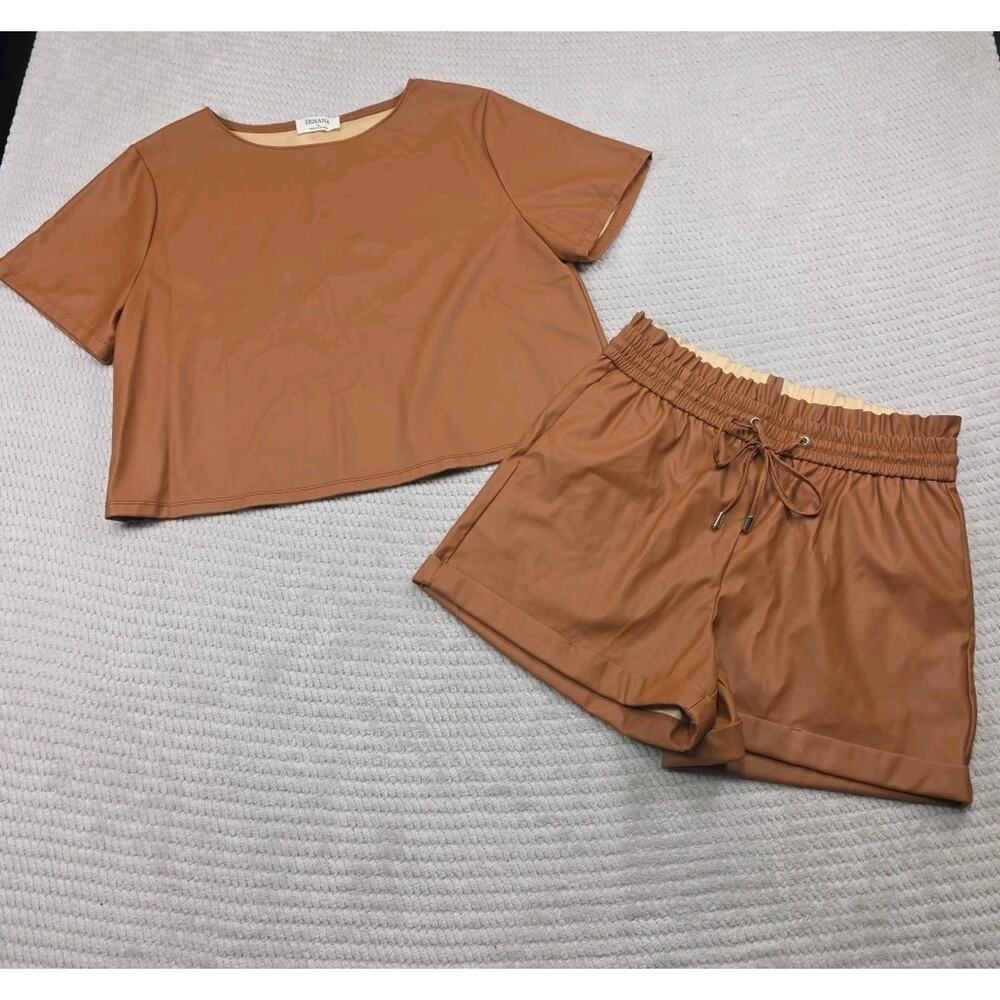 Zenana Set Womens Large Brown Faux Leather Shorts & Top 2 Piece Set